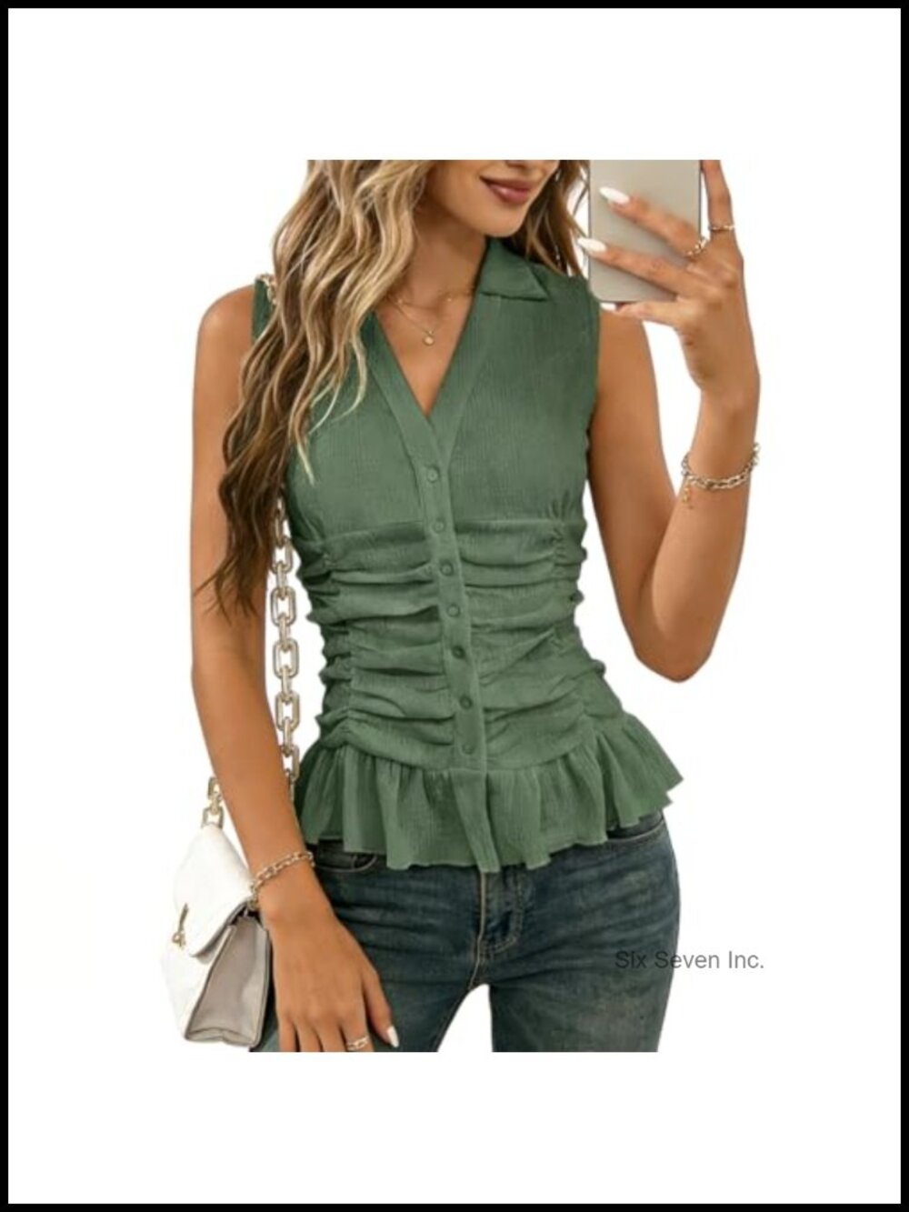 Sleeveless V-Neck Button Down Ruffle Blouse Peplum Hem